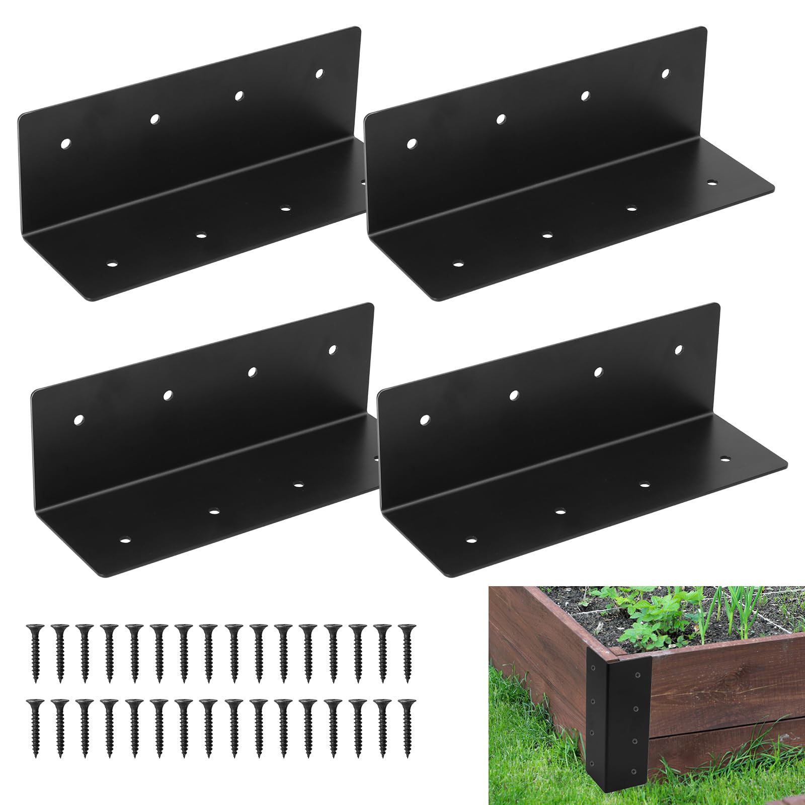 4pcs Raised Garden Bed Corner Brackets for 10-12 Inch Garden Bed, Heavy Duty Metal Bed Frame Garden Corner Bracket Fastener Connectors with 32pcs Screws for Outdoor Indoor Yard Furniture