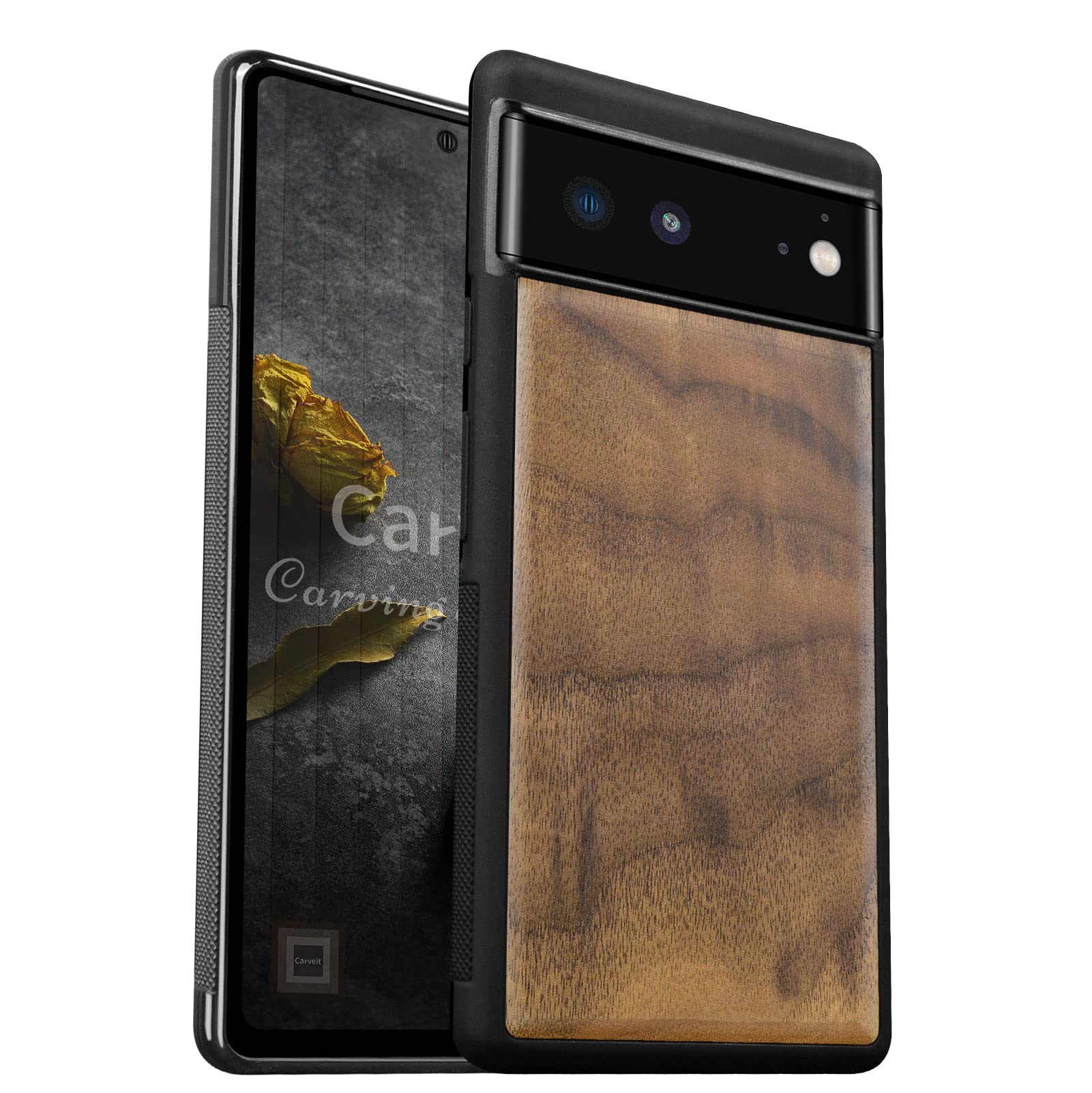 Carveit Natural Truly Wood Case for Google Pixel 6 Minimalist Art Cover [Anti Fingerprint Anti Slip Comfortable Grip] Shockproof TPU Bumper Compatible with Pixel 6 wooden Design Case (Walnut)