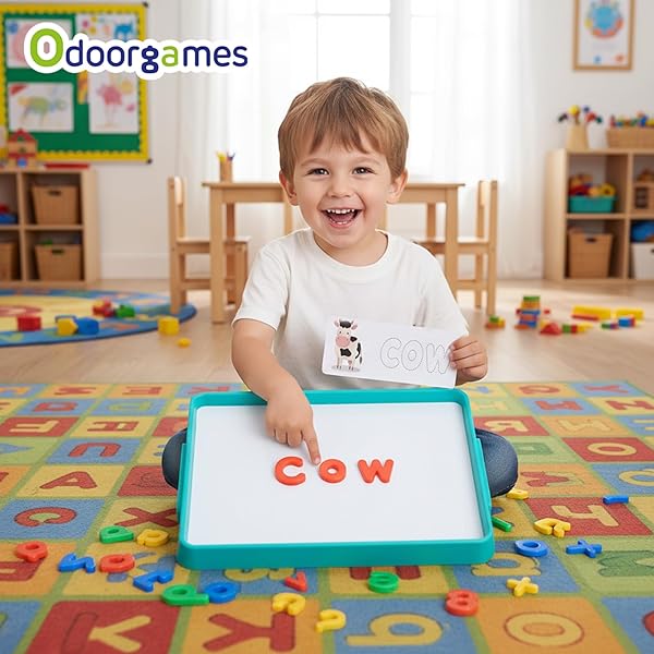 ODOORGAMES MAGNETIC TRAY WITH 95 MAGNETIC LETTERS & 36 ALPHABET FLASH CARDS – KIDS DRY ERASE BOARD, MAGNETIC BOARD FOR KIDS & CLASSROOM LEARNING TOOL (CYAN)