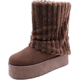 EXEBLUE Women's Platform Suede Ankle Snow Boots Winter Warm Fur Lined Anti-Slip Short Pull On Cuff Thickened Sole Boots