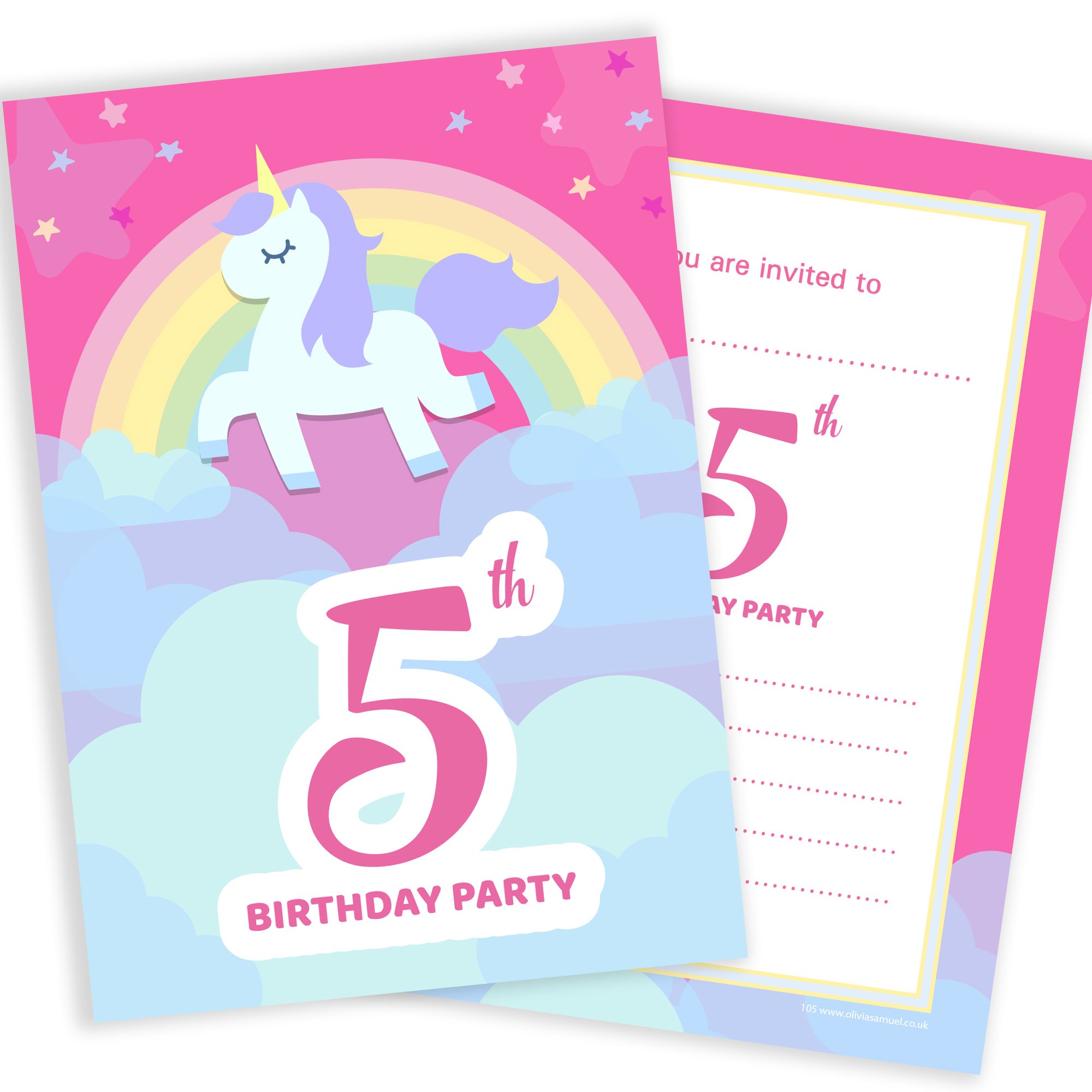 Olivia Samuel 20 x 5th Birthday Party Invitations from Unicorn & Rainbow Pink Invites - Ready to Write with Envelopes