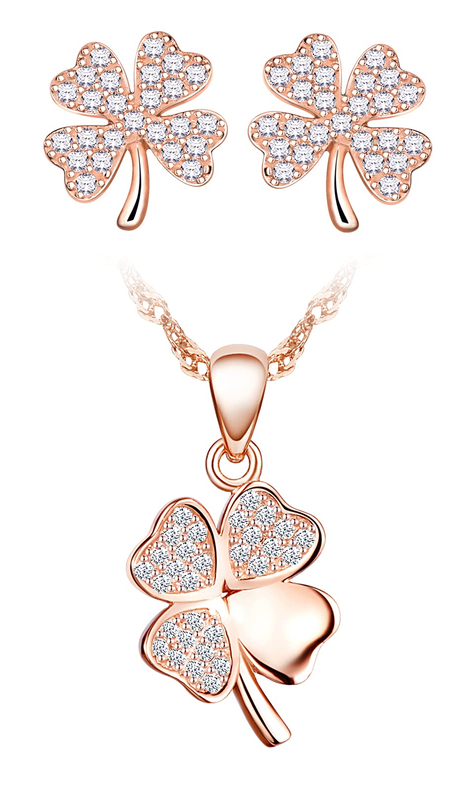 Yumilok Jewellery Set Lucky Four Leave Clover Necklace and Earrings Set Cubic Zirconia Jewellery for Women