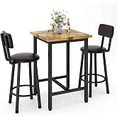 3 Piece Bar Table and Chairs Set for 2, Counter Height Square Pub Dining Set, Bar Table and Stools for 2, Wood Top Bistro Set with Backrest PU Bar Stools for Breakfast Nook Small Kitchen &amp; Living Room
