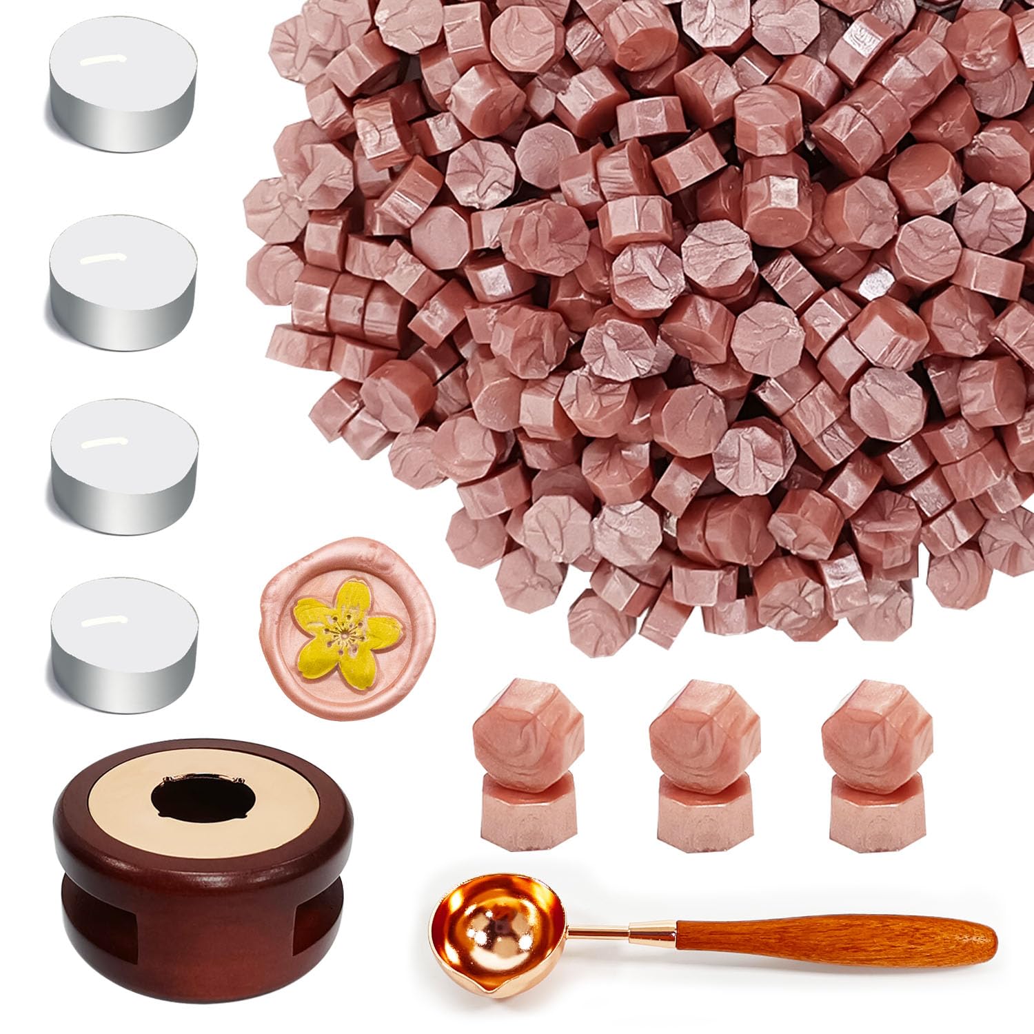 Wax Seal Beads Kit, Ioggtser Sealing Wax Beads Set with 400PCS Rose Gold Wax Seal Beads, Wax Seal Warmer, Melting Spoon,4 PCS Candles, Wax Seal Kit for Wedding Envelope Sealing Wax