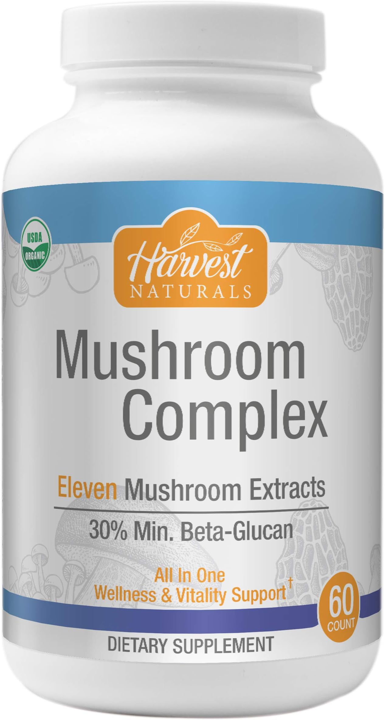 Mushroom Complex Capsules - 11 Mushroom Extracts 30% Min. Beta-Glucan - 60 Count - Harvest Naturals
