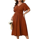 RWJ Women's Plus Size Maxi Dress V Neck Short Sleeve Swiss Dot A Line High Waist Boho Swing Casual Summer Dresses