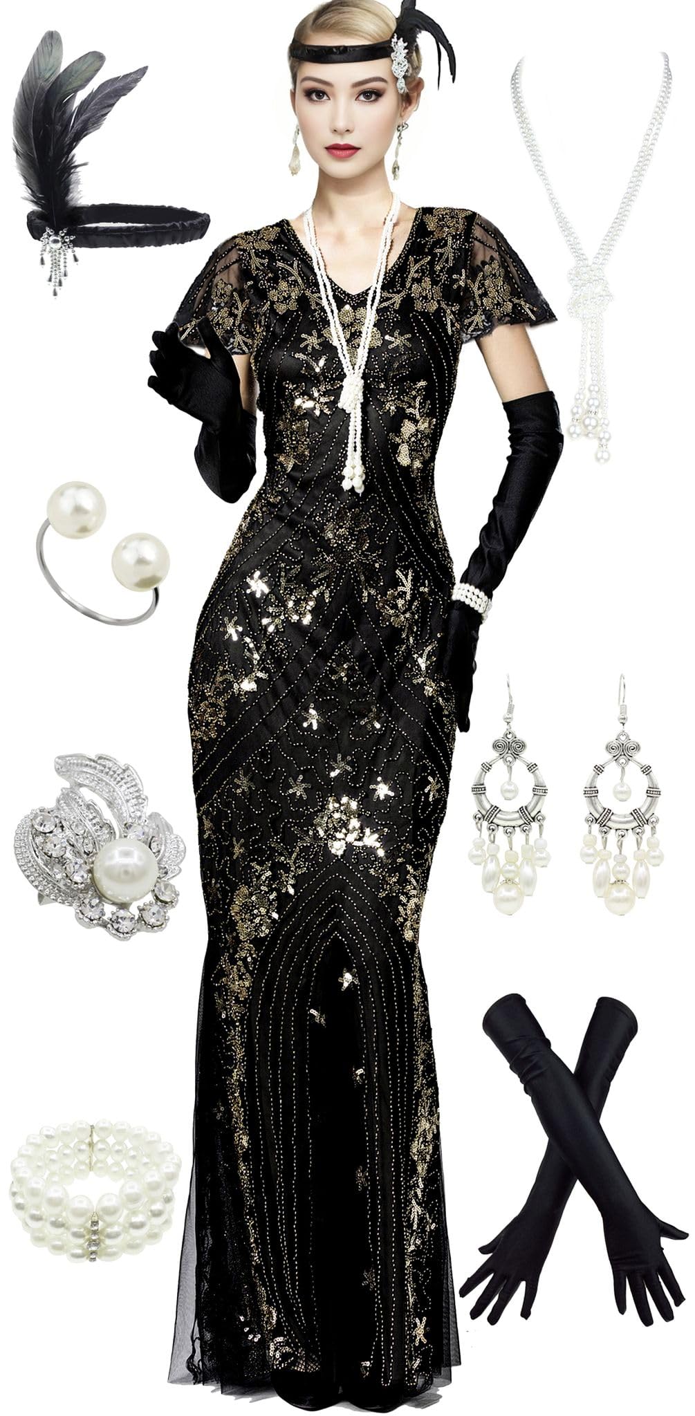 Photo 1 of 1920S Gatsby Floral Short Sleeve Sequin Mermaid Formal Evening Dress with 20s Headband Necklace Accessories Set Black Gold L