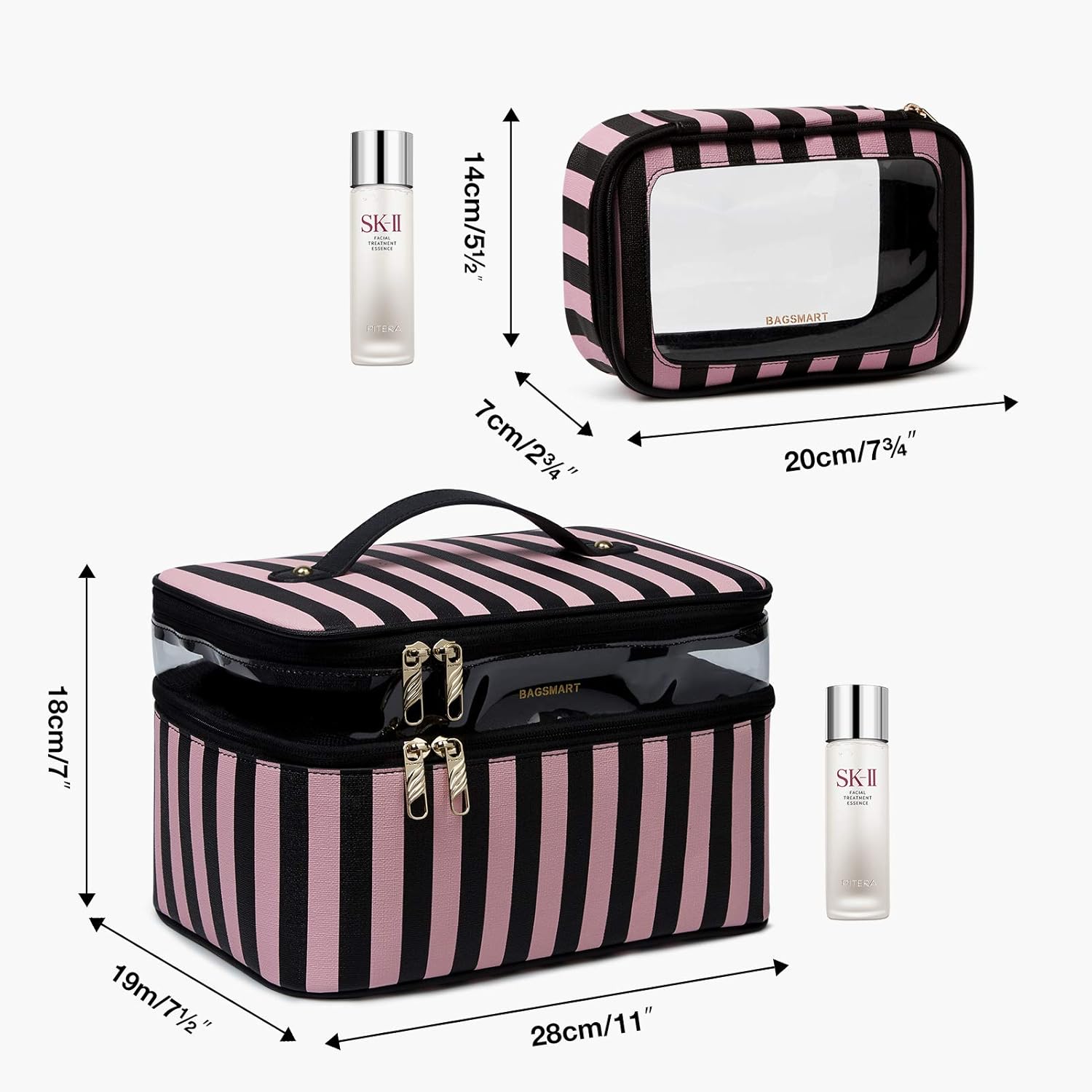 Travel Makeup Bag, BAGSMART Extra Large Cosmetic Bags Double Layer with Adjustable Dividers, Leather Makeup Bags Water-resistant Leather with Portable Clear Travel Makeup Cases, for Makeup, Cosmetics Tools, Brushes