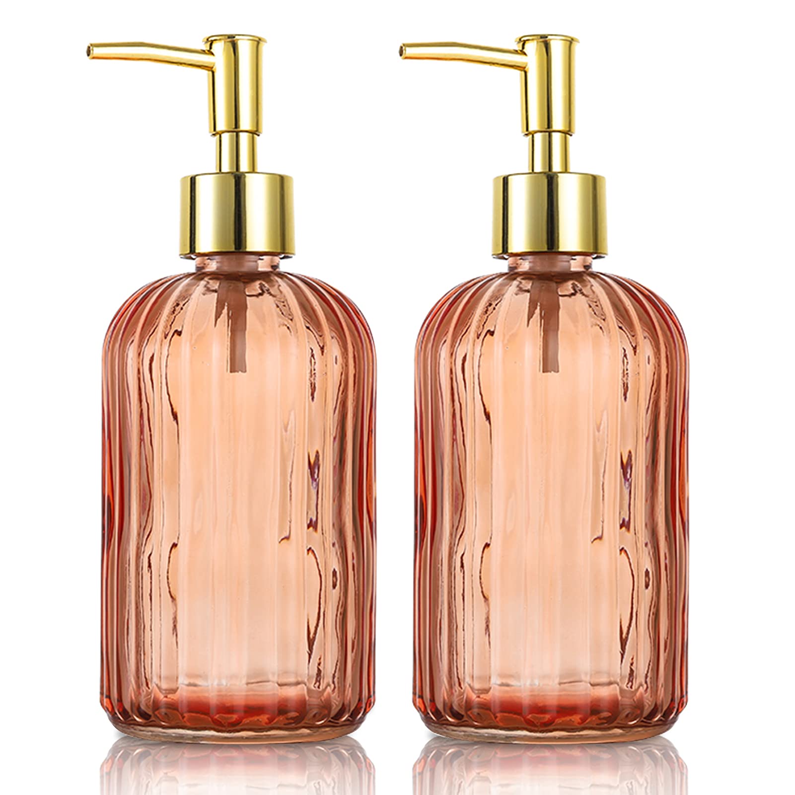 HOHAOO Versatile Glass Soap Dispenser Bottle with Pump, 14 Oz Dripless Pump Bottle, Refillable Liquid Hand Jar Dispenser for Bathroom, Countertop, Kitchen, Laundry Room(Amber, 2 Pack)