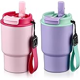 Pawtong 13.5oz Kids Insulated Tumbler with Lid and Straw, BPA-Free Stainless Steel Kids Water Bottle, Leak-Proof& Cupholder Friendly Tumbler for Boys & Girls -2 Pack(Pink+Purple)