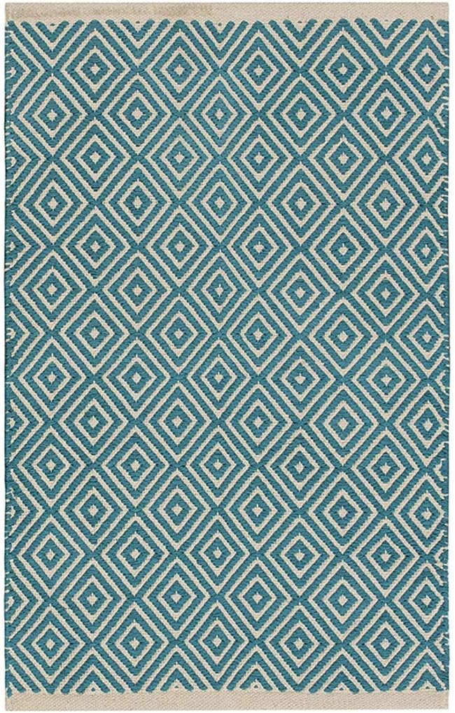 Turquoise Diamond Weave Cotton Handloom Rug Handmade In India