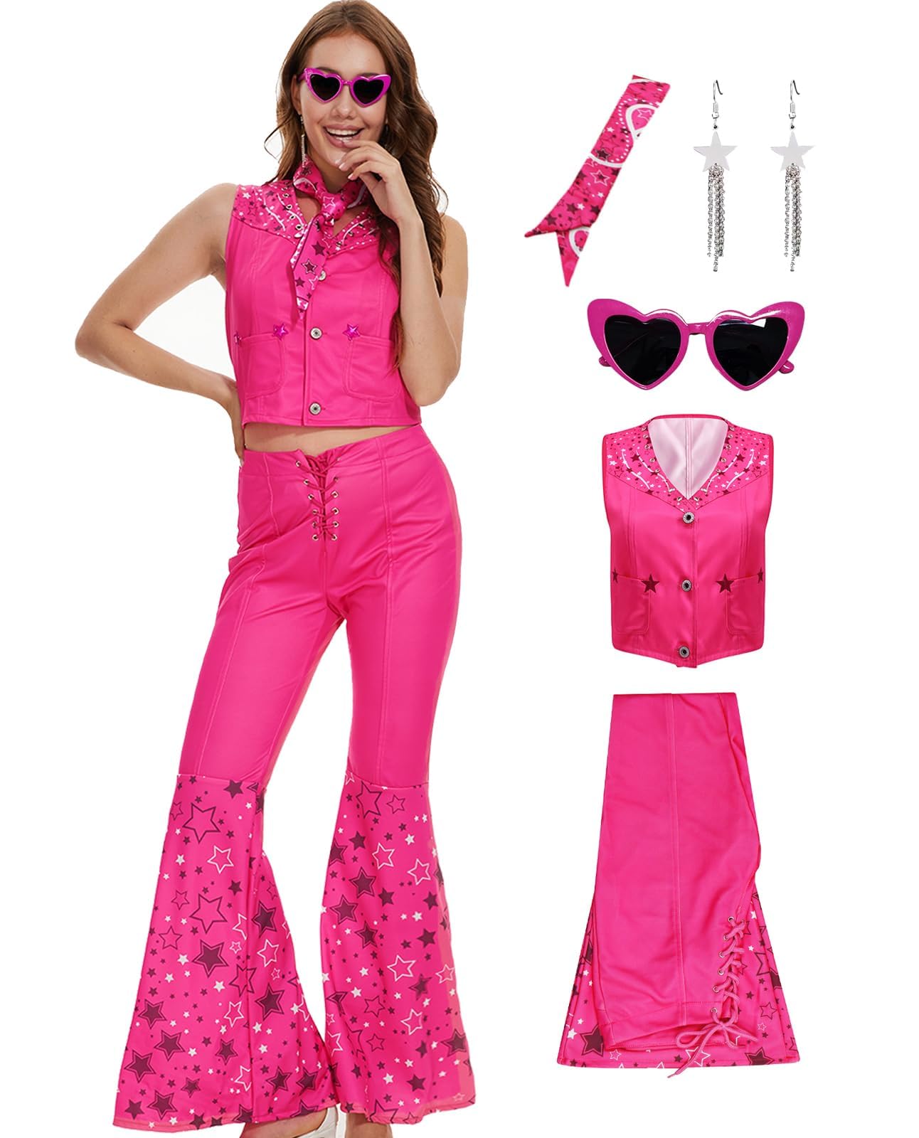 AYYOHON Cowgirl Costume 70s 80s Hippie Disco Outfits Pink Vest Top Flare Pant Halloween Cosplay for Women XS — image 1