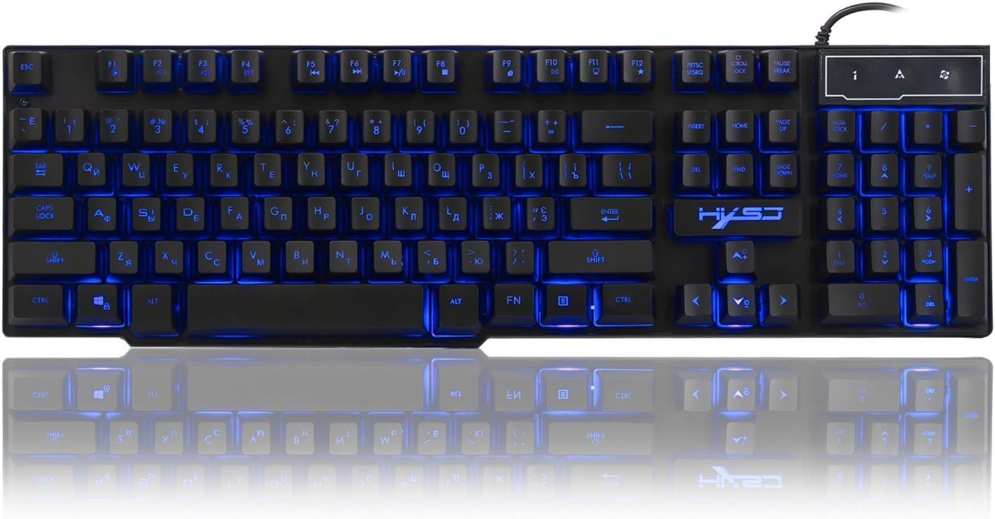 Backlit Wired Keyboard,Veeki Waterproof Ergonomic LED Wired Gaming Keyboard with English & Russian,3 Adjustable Backlights 104 Keys USB Powered for PC/Win/Mac ect. (Black)