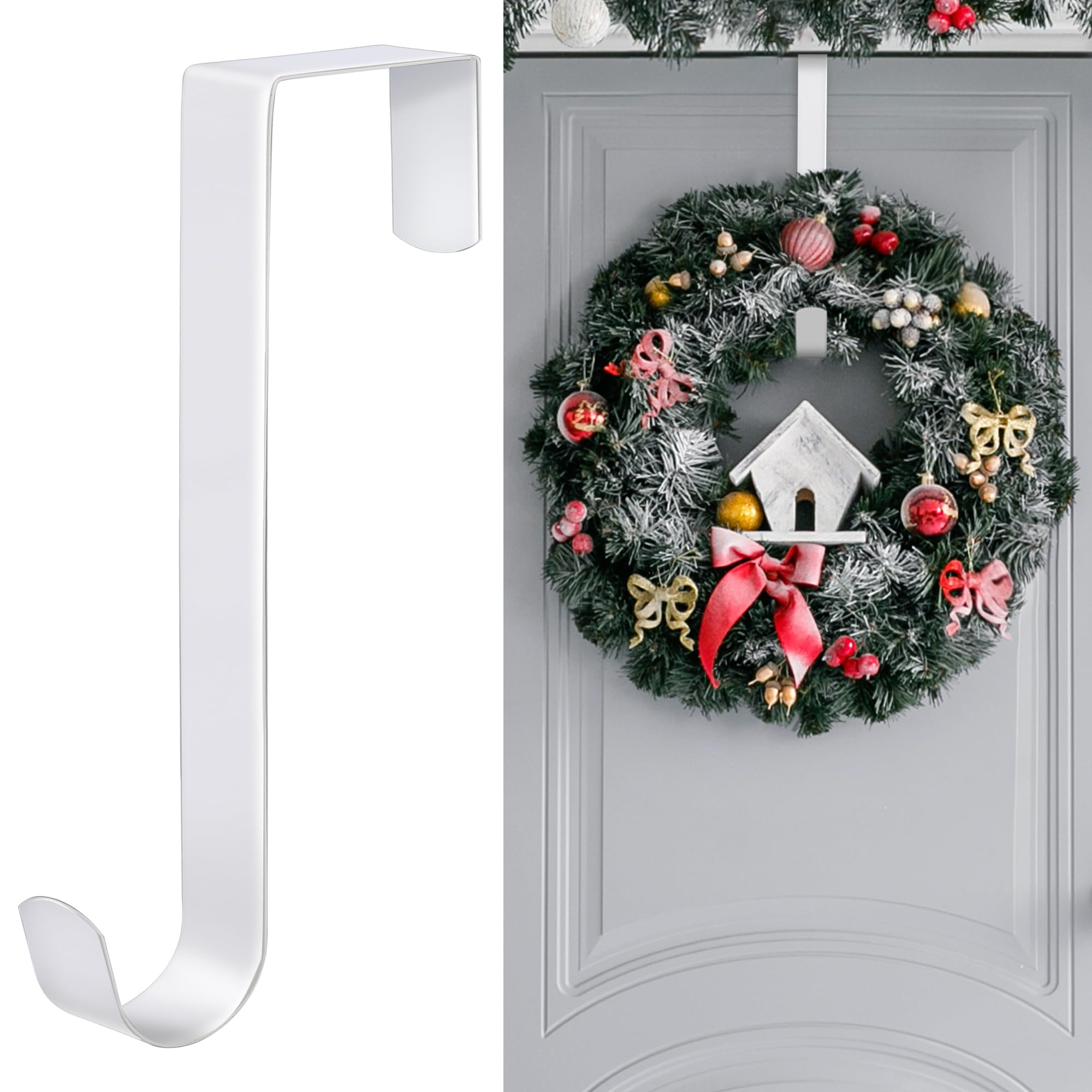 Aodaer 8 Inches White Christmas Wreath Door Hanger Metal Wreath Hook Non-Slip Christmas Hanging Hooks for Party Christmas Holiday Home Decoration