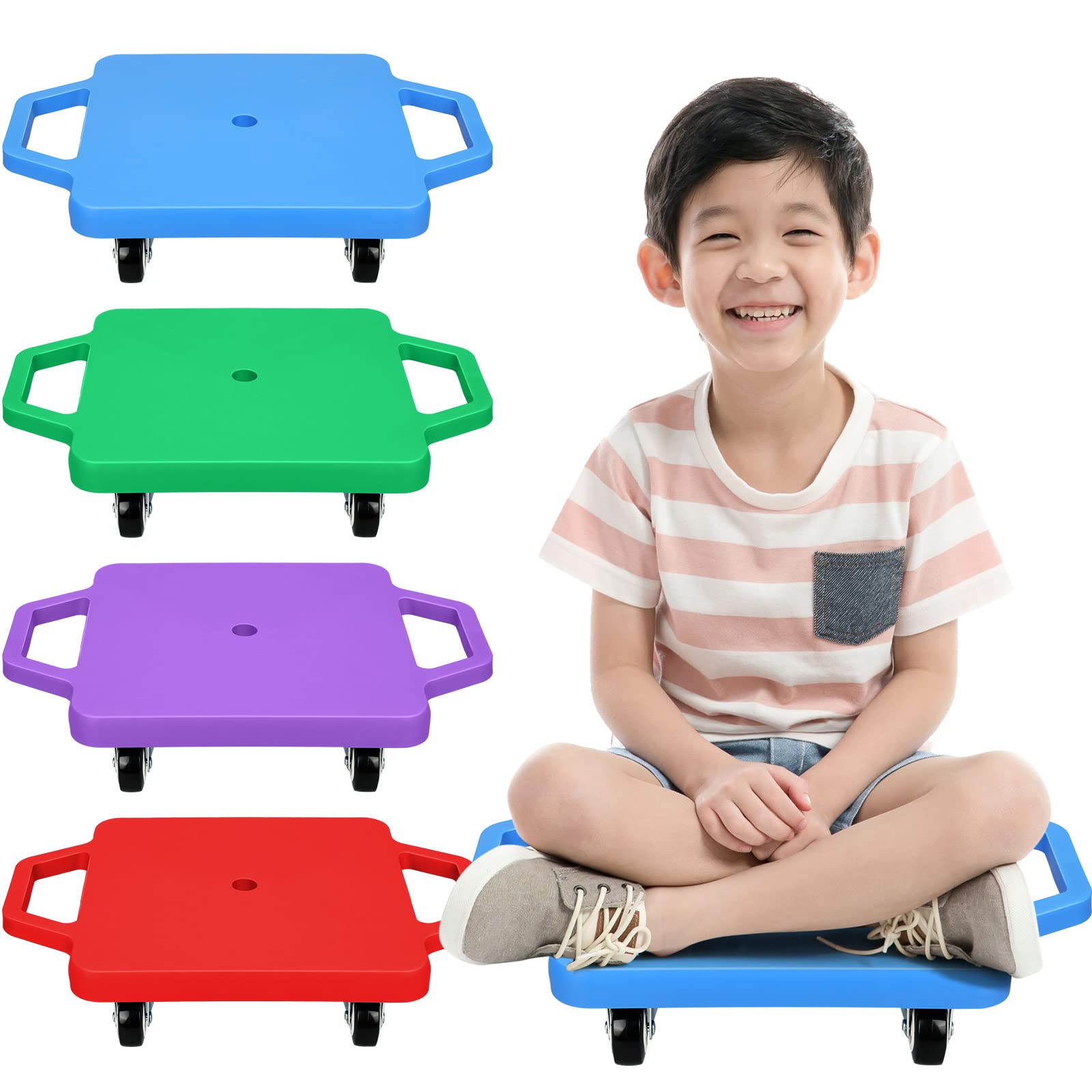 Jerify 4 Pieces Sports Scooter Board with Handles Plastic Casters Floor Sitting Scooter Boards for Kids Children Gym Indoor Outdoor Activities Play Equipment, 11.22 x 11.22 inch