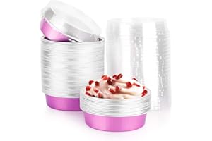 Beasea Mini Pie Pans with Lids, 4 Inch 50 Pack Disposable Mini Pie Tins Tart Pans, 8 Oz Pink Aluminum Pie Pan Tin Tart Pans Round Oven Baking Mini Cake Pan for Pie Tart Quiche