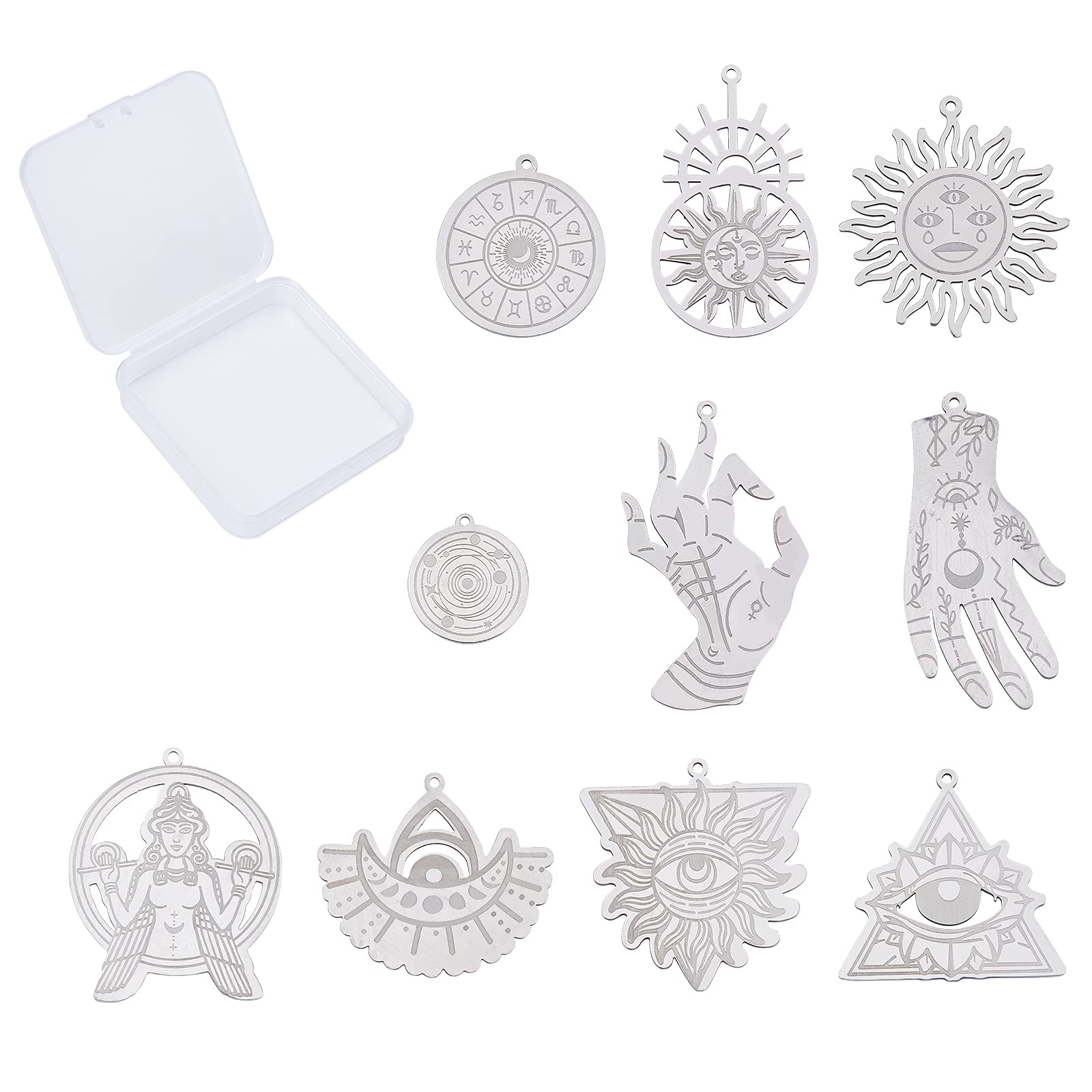 SUNNYCLUE 1 Box 10 Patterns Stainless Steel Pendants Flat Metal Chakra Charms Silver Dangles Evil Eye OK Gesture Sun Teardrop with Hole Accessories for Women DIY Earring Necklace Jewellery Making