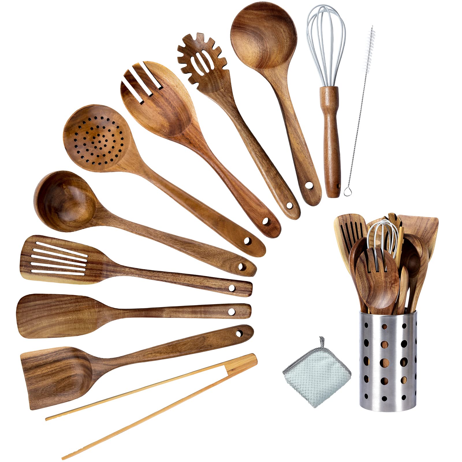 GUANKE Wooden Spoons for Cooking Natural Teak 11 Piece Wooden Cooking Utensils Set with Holder Non-Stick Smooth Wooden Spoons & Spatula Ideal Cookware for Kitchen Essentials
