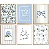 6 Pcs Blue Hydrangea Bow Canvas Wall Art How Lucky Are We Poster Prints Trendy Striped Coquette Paintings Pictures Sage Green Coastal Preppy Aesthetic Wall Decor for Girl Room Bedroom Living Room Office Dorm Apartment 8x10 Inch Unframed
