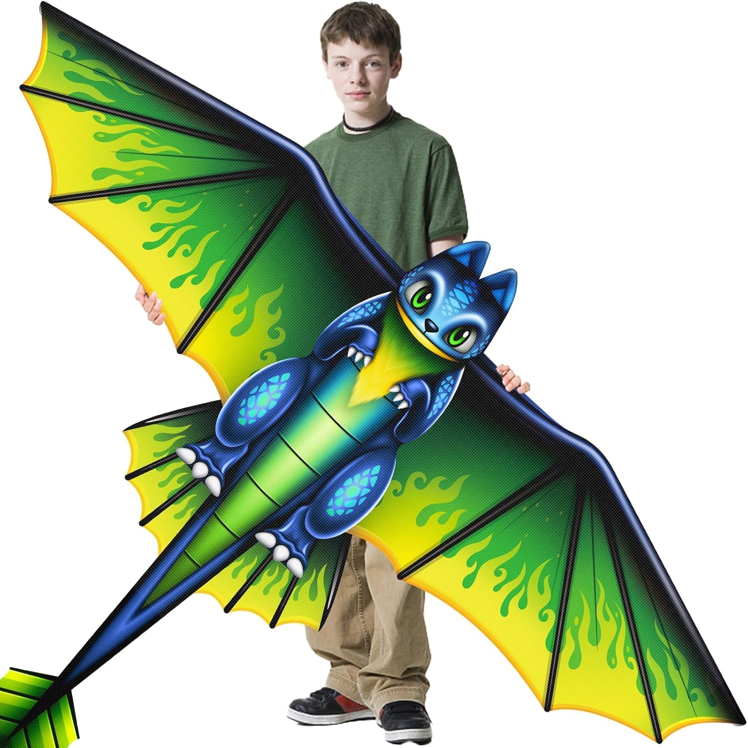 Huge 3D Dragon Kite for Children and Adults, Green Dinosaur Kite with 328ft String and Bag, Easy to Fly for Beach Trip Outdoor Family Activities Party Games