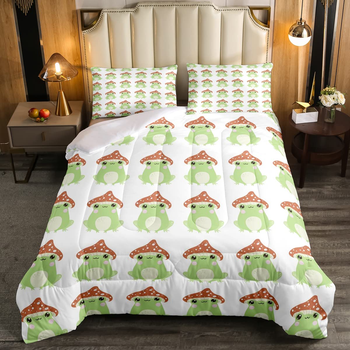 Frog Kids Cute Green Frogs with Mushroom Hats Duvet Set Boys Girls Kawaii Animal Bedding Set Microfiber Nature Duvet Insert Single Size