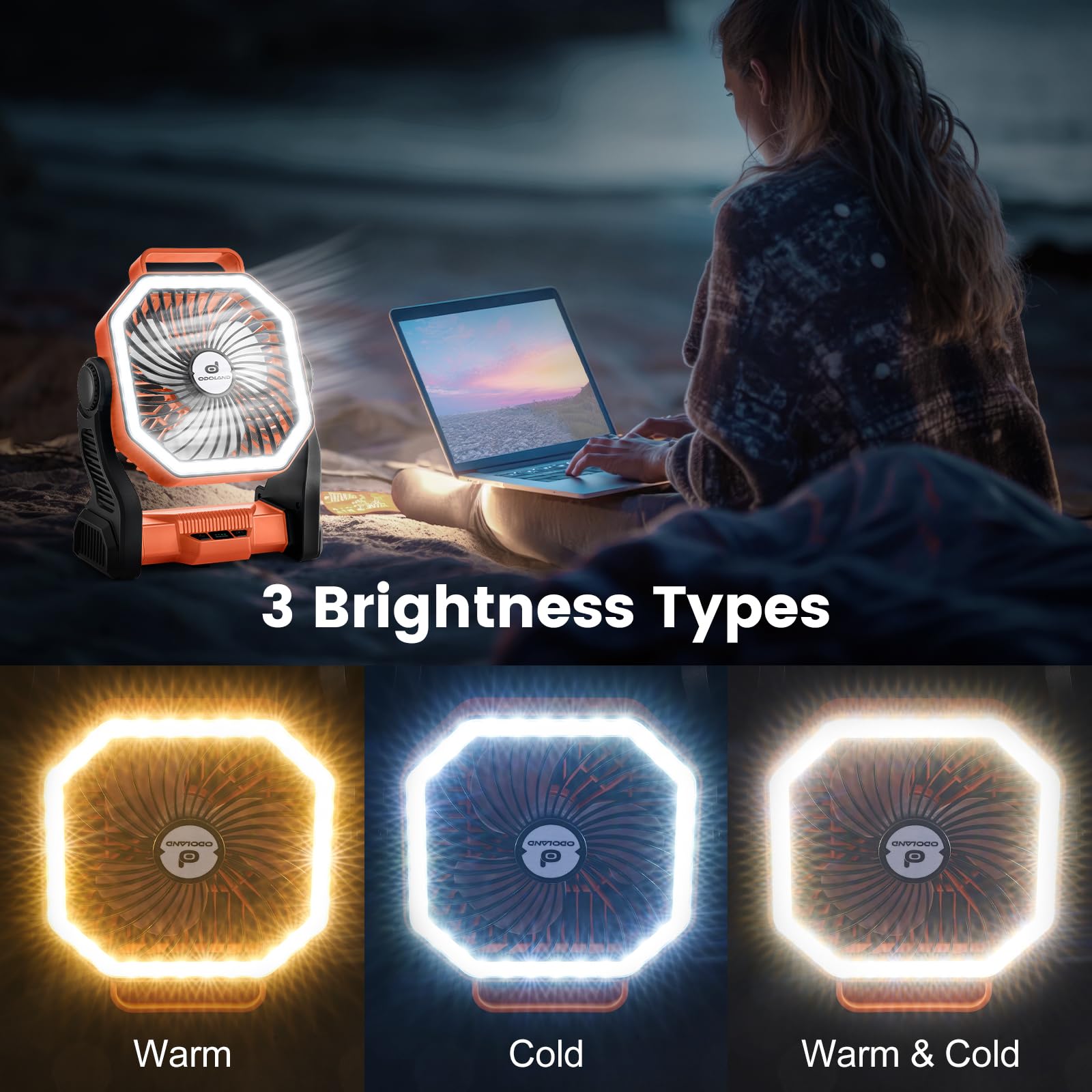Odoland Rechargeable Camping Fan, 20000mAh Battery Fans with LED Lantern for Tent Car Beach Storm, Portable Light Desk Cooling Fan for Picnic Power Outage Hurricane, Orange