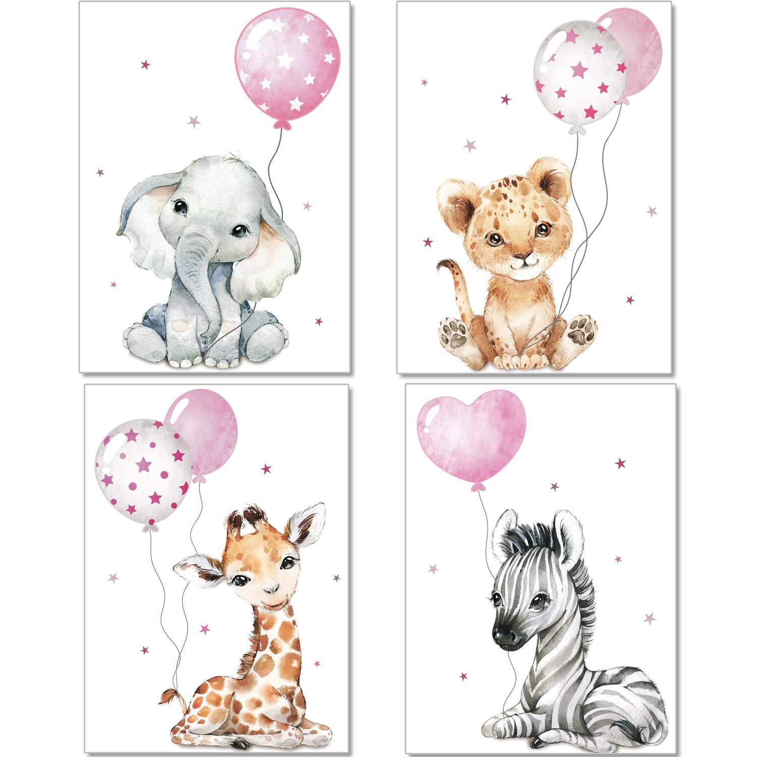 artpin® Poster Children's Room Decoration - Pictures Baby Room for Girls - Safari Jungle Animal Poster Grey Pink Balloon P64
