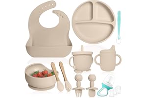 Bluet B- Silicone Baby Feeding Set with Pacifier - Baby Led Weaning Supplies - Baby Spoons, Suction Bowl - Plate - Baby Utensils Set - Silicone Feeding Set for Baby First Foods - 11pcs - Beige