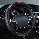 Car Pass Colour Piping Leather Steering Wheel Cover,Perfectly fit for 14.5-15 inches for Various Vehicles SUVs,Vans,Sedans,Cars (Black & Red)