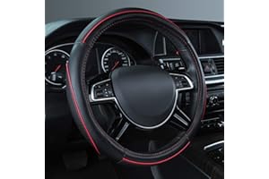 Car Pass Colour Piping Leather Steering Wheel Cover,Perfectly fit for 14.5-15 inches for Various Vehicles SUVs,Vans,Sedans,Cars (Black & Red)