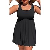 Charmo Women Plus Size Swim Dress Scalloped Square Neck One Piece Swimsuit Tummy Control Bathing Suit Rushed Swim Suits 2026