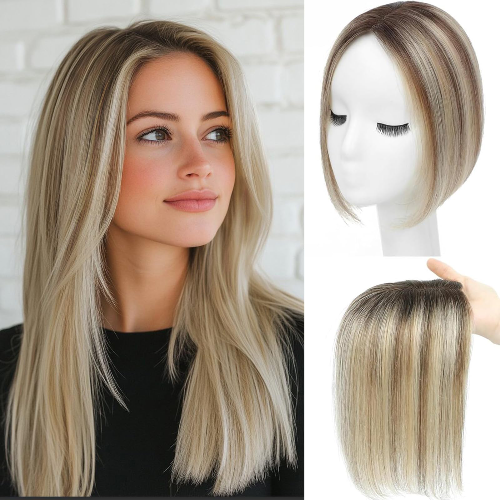 Hair Toppers for Women Human Hair Topper 10 Inch HairPieces for Women with Thinning Hair Swiss Base Ombre Light Brown with Blond Highlight（2T613） — image 1