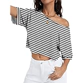 Kistore Off The Shoulder Tops for Women Going Out Short Sleeve Crop Top Boat Neck Loose T Shirt