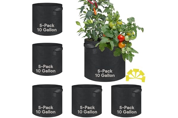 CGLEAM Grow Bags 10 Gallon 5 Pack Large Fabric Pots Heavy Duty 300g Thickened Nonwoven Grow Bags with Handles for Vegetables