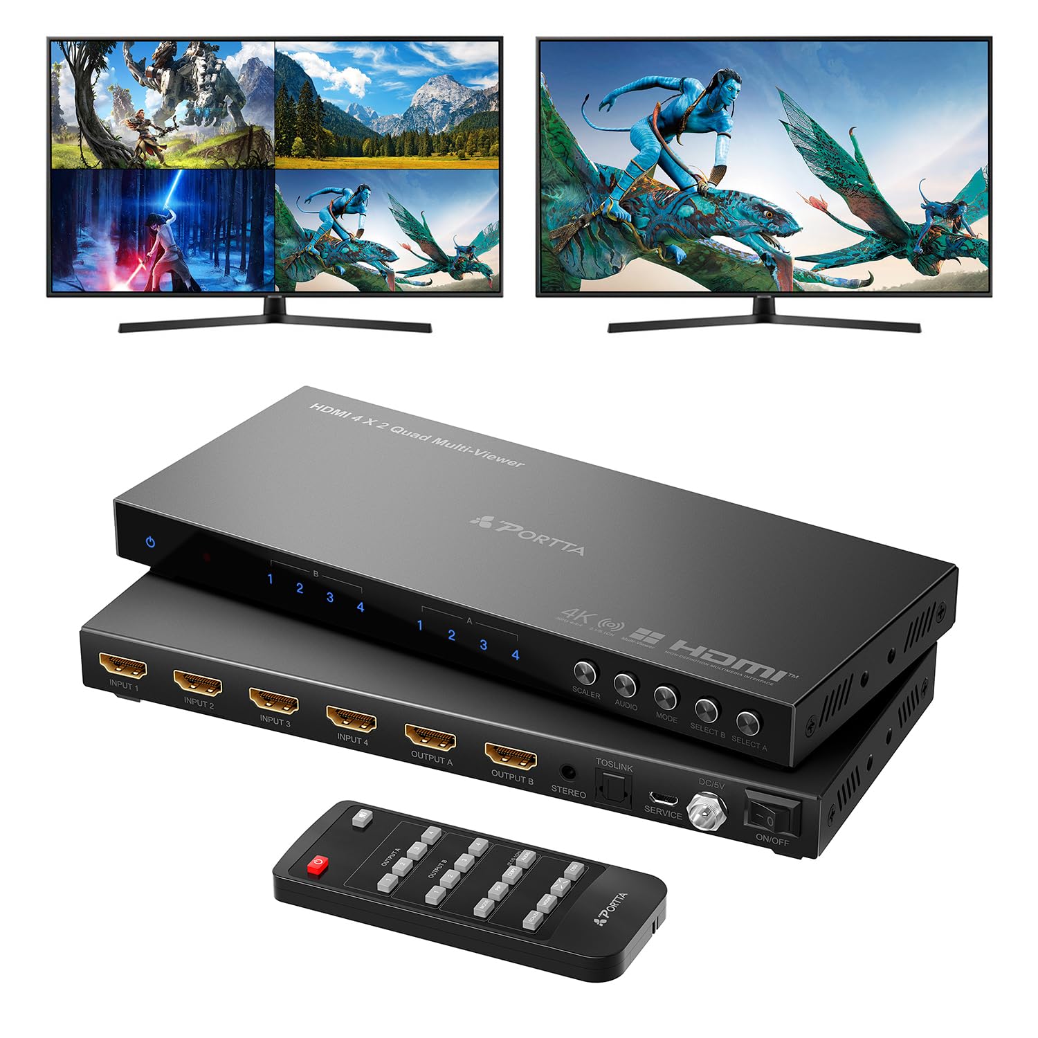 4K HDMI Multiviewer Switch 4x2 with PIP, PORTTA Quad Multi Viewer Seamless Switcher 4 in 2 Out with Toslink, 3.5mm Audio Output Support 4K 30Hz, 6 Viewing Modes, Downscaler for PS4/PC/DVD