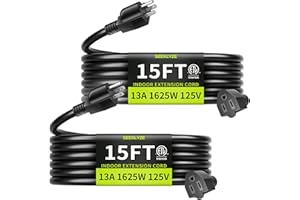 SEEKLYZE 16/3 Black 15 FT (2Pack) Extension Cord, Indoor Extension Cord for Laptops, Coffee Makers, Office Home Appliances, 3 Prong Resistant Cable Flexible, 13A 125V 1625W ETL Listed