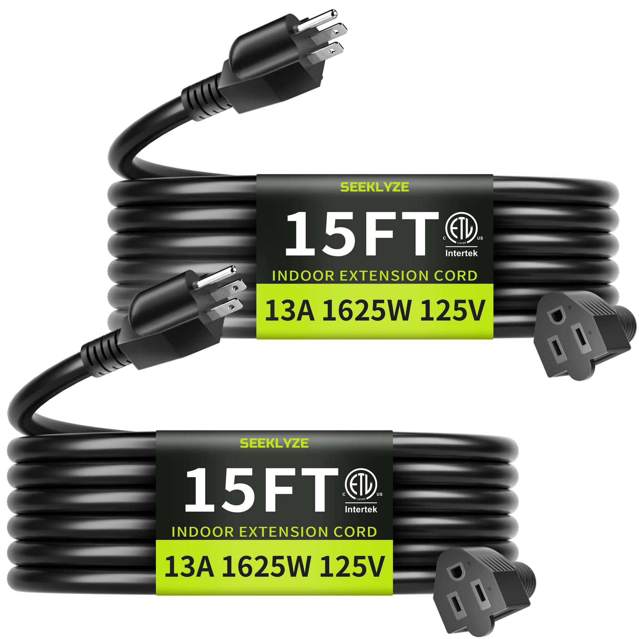 View 1 of 16/3 Black 15 FT (2Pack) Extension Cord, Indoor Extension Cord for Laptops, Coffee Makers, Office Home Appliances, 3 Prong Resistant Cable Flexible, 13A 125V 1625W ETL Listed