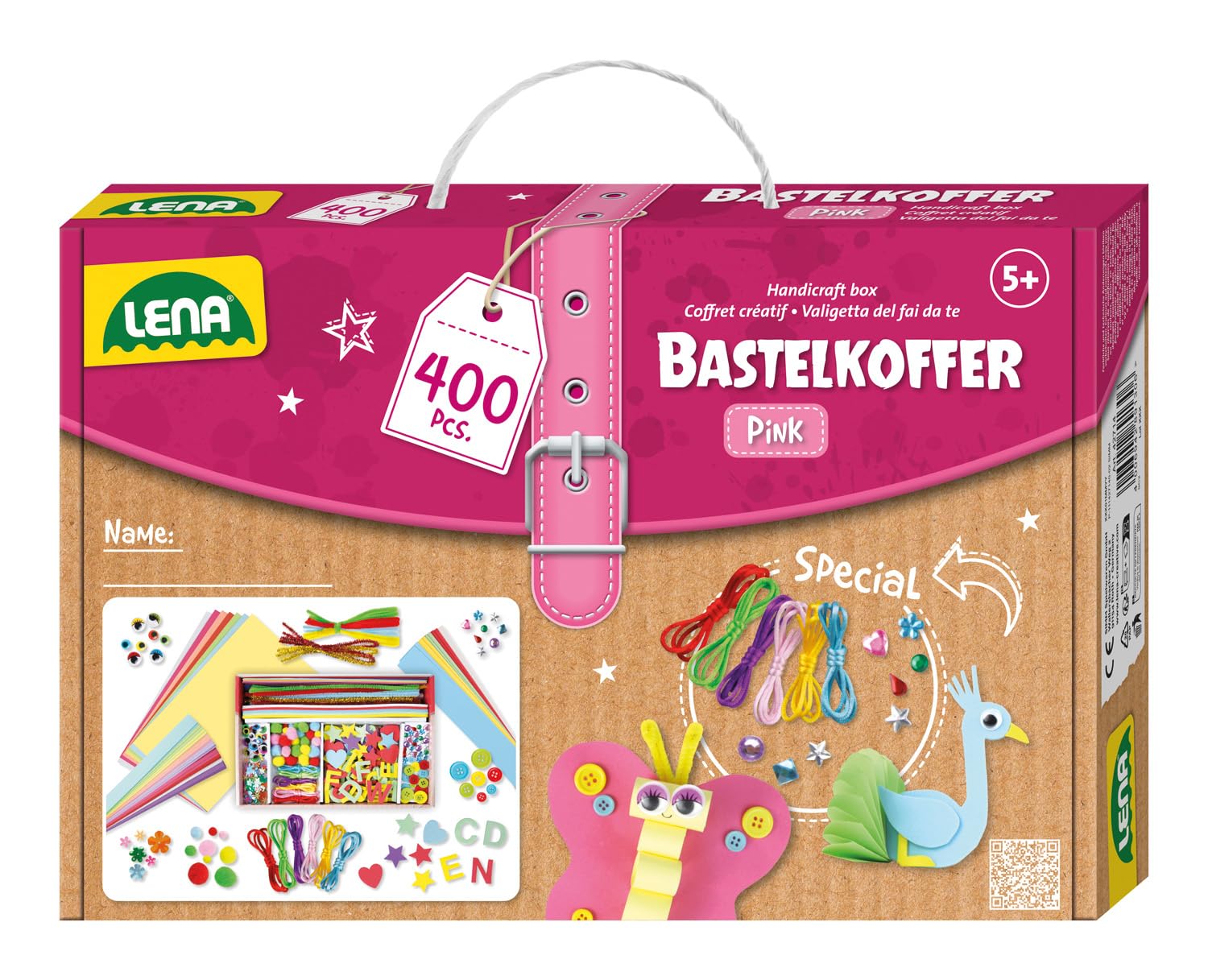 Lena Bastelkoffer mit 400 Teilen, Bastelset bestehend aus Papier, Moosgummi, Pfeifenreiniger, Strasssteine, Wackelaugen, Pompons und Knöpfe, Pink & Lila, geeignet für Kinder ab 5 Jahren