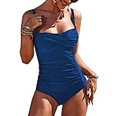 Ekouaer Women's One Piece Swimsuit Ruched Tummy Control Bathing Suits Vintage Retro Push Up Swimwear