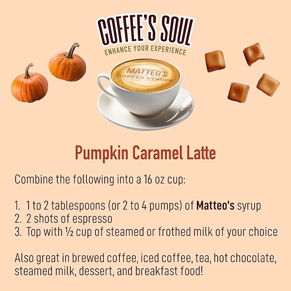 MATTEO’S BARISTA STYLE SUGAR-FREE COFFEE SYRUP, PUMPKIN CARAMEL FLAVOR, ZERO CALORIES AND SUGAR, KETO FRIENDLY, IDEAL FOR LATTES, CAPPUCCINOS, ESPRESSO, AMERICANO, INDULGENT TASTE 33.8 OZ, 1-PACK