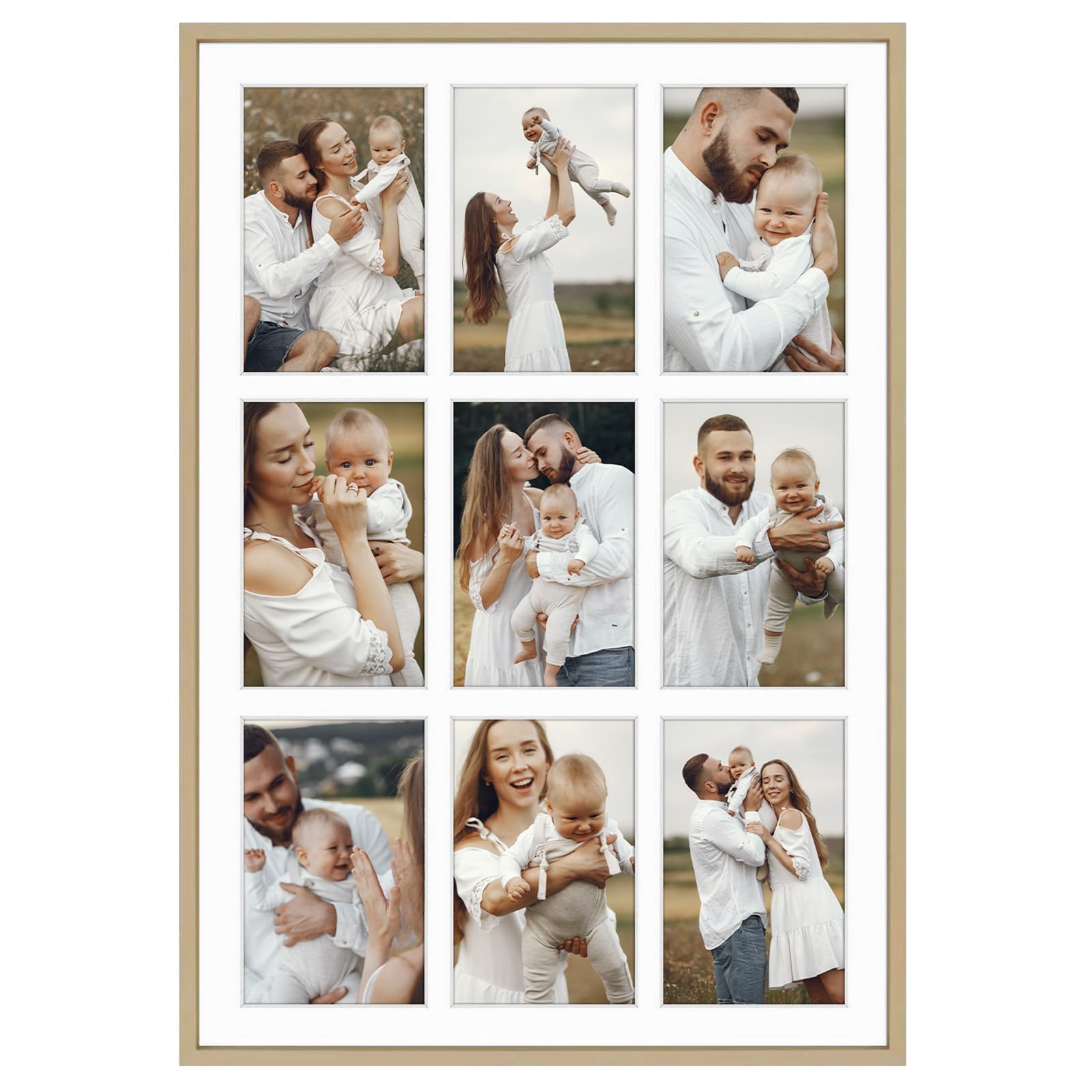 13.6x19.7 Gold Aluminum Collage Frame - Ivory Mat Included - Fits Nine 4x6 Photos/Pictures - Sawtooth Hanger - Swivel Tabs - Wall Mounting - Landscape/Portrait - Real Glass