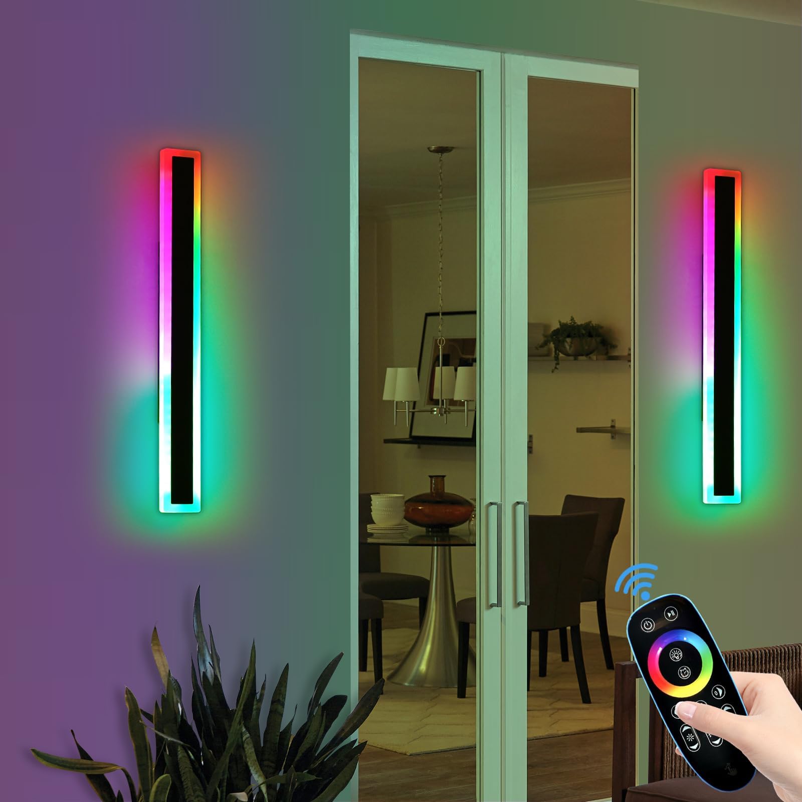 Mikeru RGB Outdoor Wall Lights Mains Powered, 80CM Modern Long RGB Wall Light 2Pack Dimmable 10% to 100% Contemporary Remote Control Xmas Lights 7 Colors Change for Garden, Patio