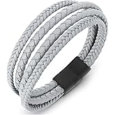 COOLSTEELANDBEYOND Men’s Light Grey Braided Leather Bracelet with Black Steel Clasp Multi-strand Wrap Wristband Jewelry
