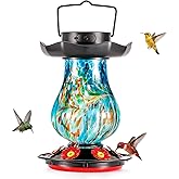 DesGully Solar Hummingbird Feeder for Outdoor - 25 fl.oz Hand Blown Glass Hummingbird Feeders for Outdoors Hanging, Large Capacity with Moat, 6 Colors Changing Light Outside Garden Decor (Blue)