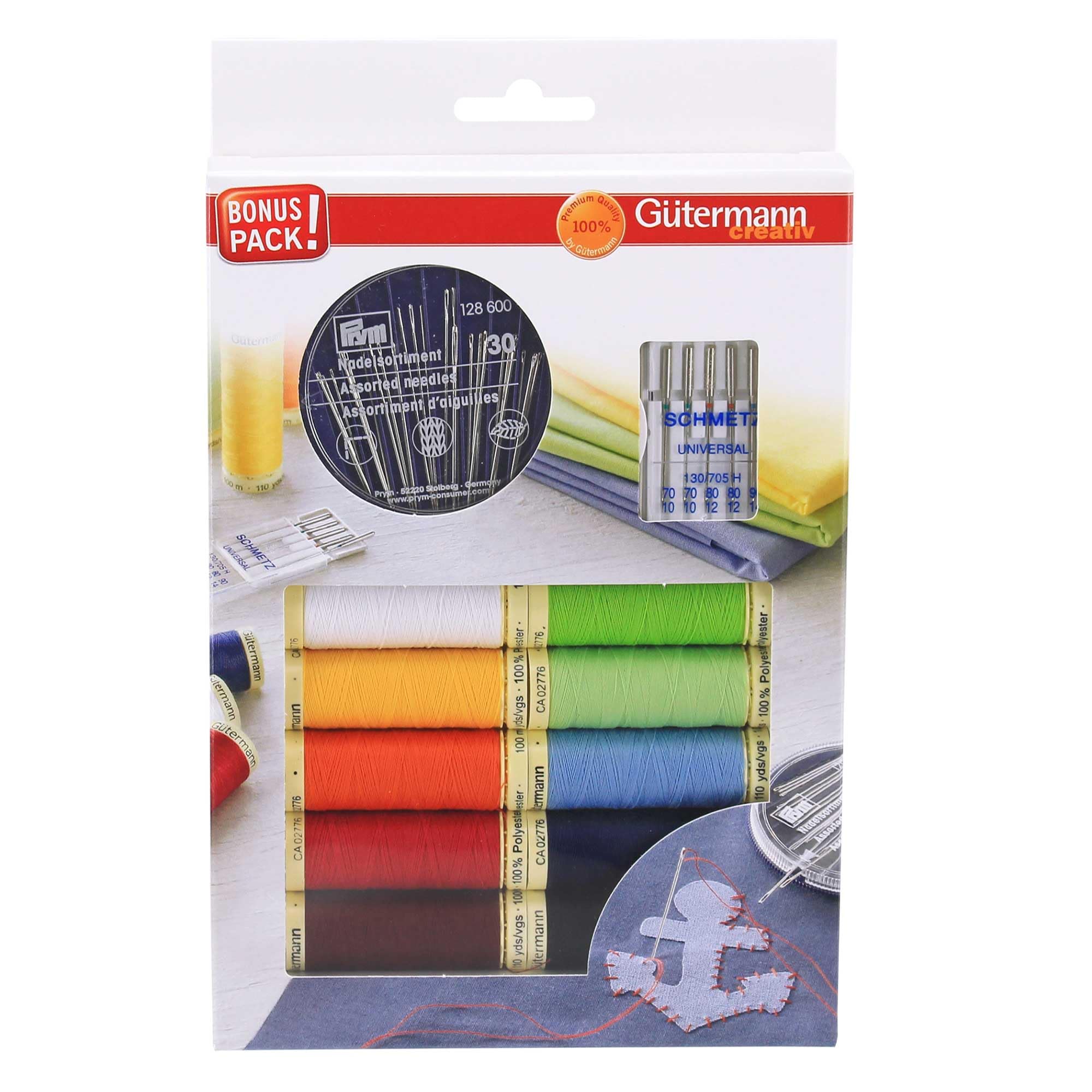 Gütermann creativ Sewing Thread Set with 10 spools Sew-All Thread 100 m in Bright Colours + Hand Sewing Needles by PRYM and Sewing Machine Needles by SCHMETZ