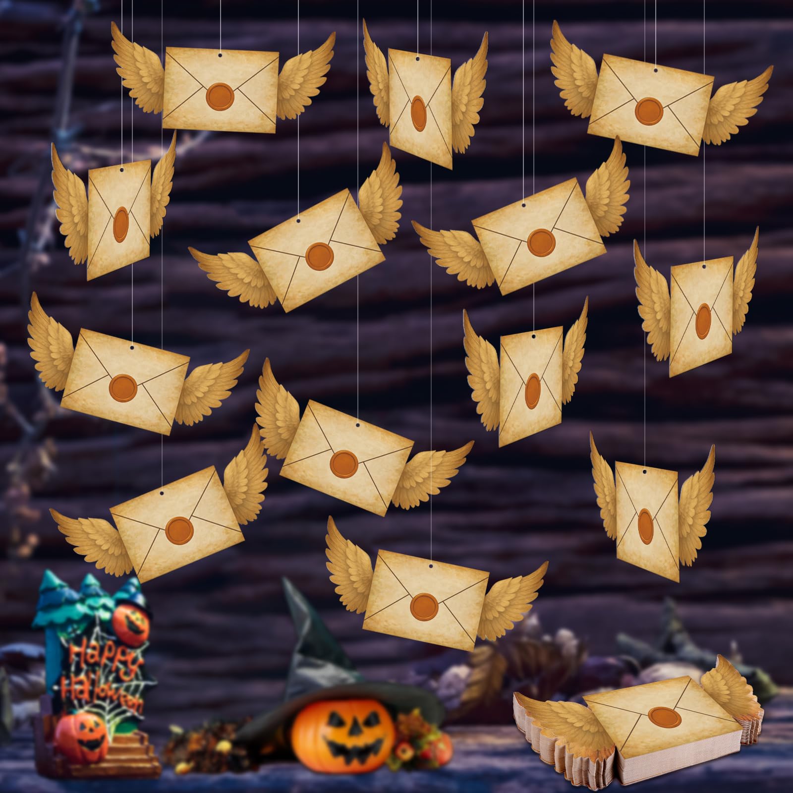 Photo 1 of 100Pc Floating Wizards Postcards Envelope Card Magical Wizards Floating Acceptance Double Sided Letters Cards,Envelope Style,197 FT Nylon String for Hanging,for Home Party Decoration(Envelope Style)