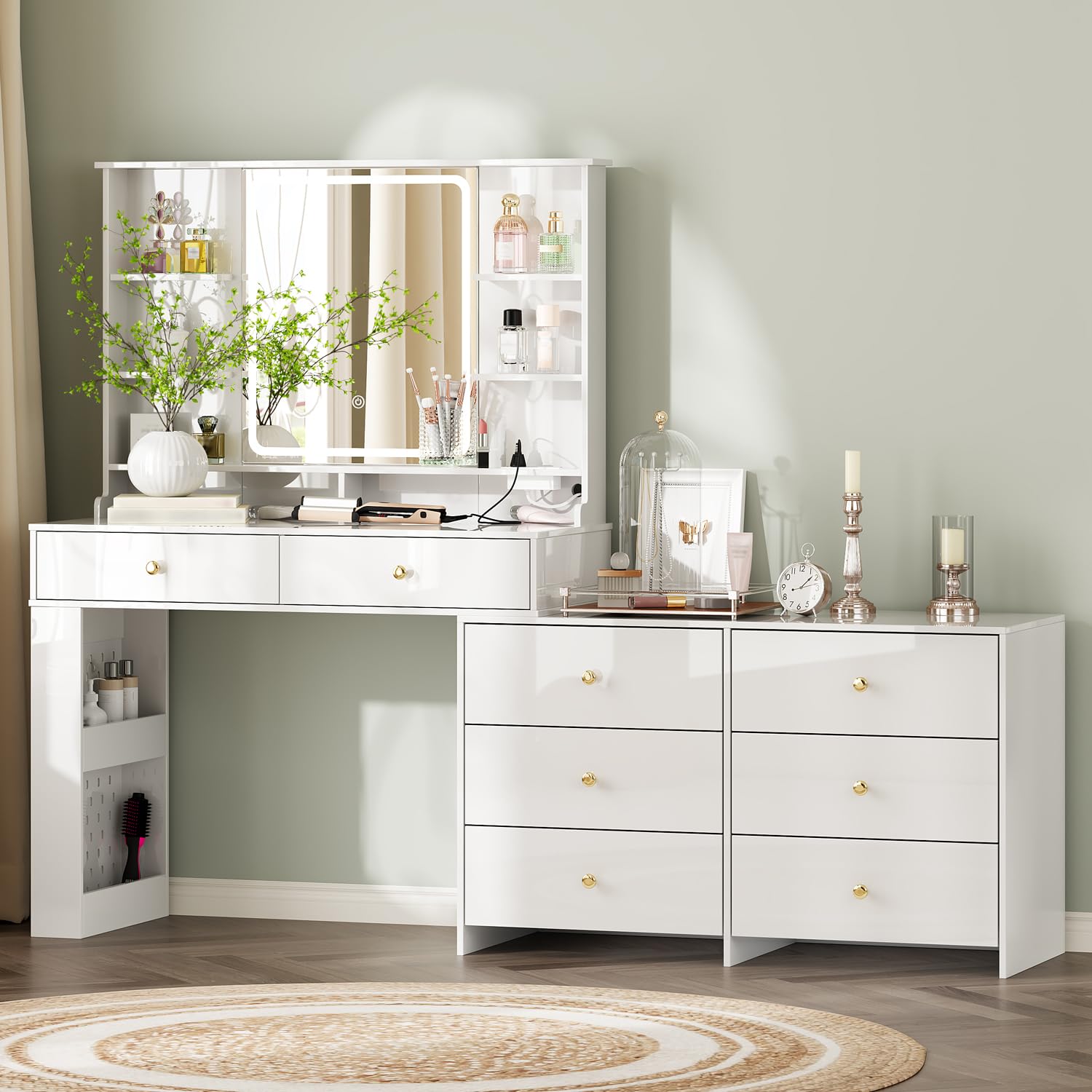 Photo 1 of **I don't know if it's missing pieces** Makeup Vanity Desk with Mirror and Lights, Vanity Desk with 8 Drawers & Storage Shelves, Vanity Table with Power Outlet, 3 Color Modes & Adjustable Brightness Dressing Table, Bedroom,White2