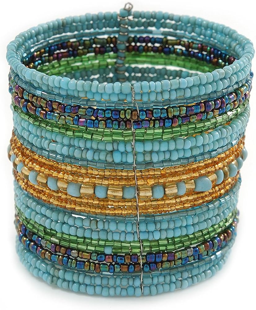 Avalaya Wide Snow Light Blue/Gold/Peacock/Apple Green Glass Bead Flex Bracelet - Adjustable - 60mm W, gold, green, light blue