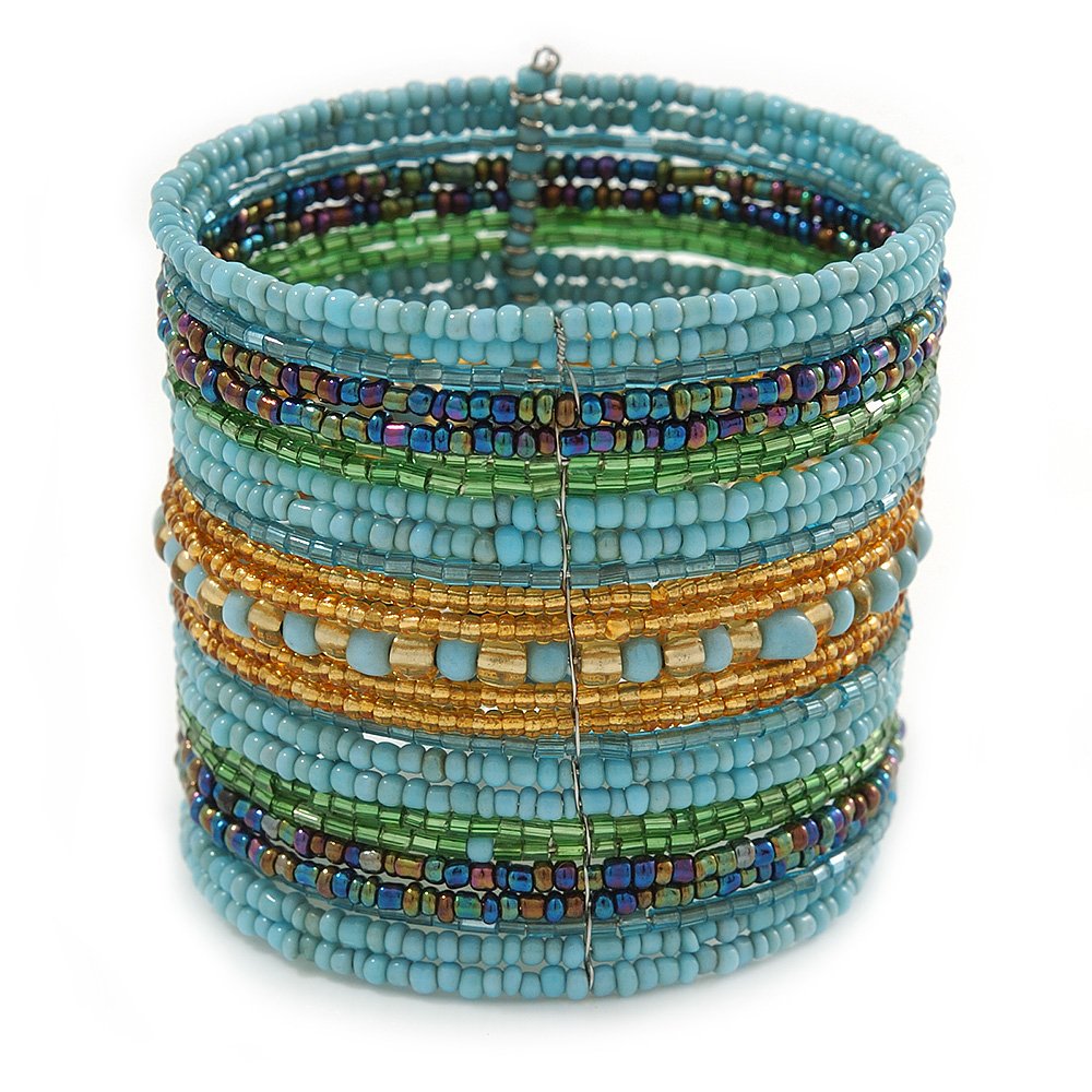 Avalaya Wide Snow Light Blue/Gold/Peacock/Apple Green Glass Bead Flex Bracelet - Adjustable - 60mm W