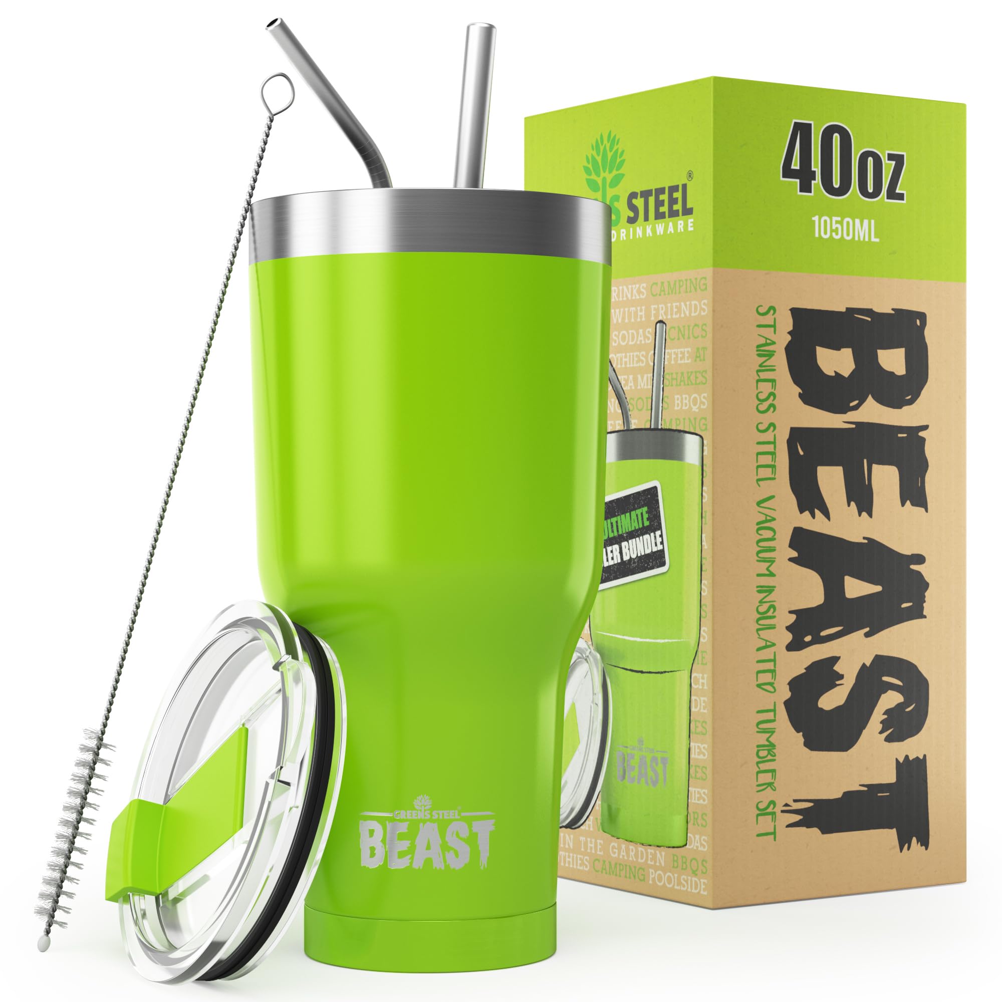 Beast Tumbler - 1050 ml (40 oz), Green | Reusable Stainless Steel, Vacuum Insulated Cup | with + 2 Straws & Cleaning Brush | Double Wall Travel Flask Perfect for Hot or Iced Coffee | BPA Free